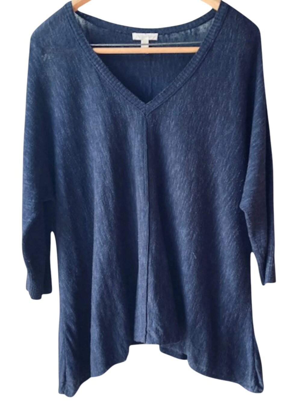 Eileen Fisher Navy Blue Linen/Cotton V-Neck Top Sz Large High Low Hem 3/4 Sleeve - Picture 6 of 6
